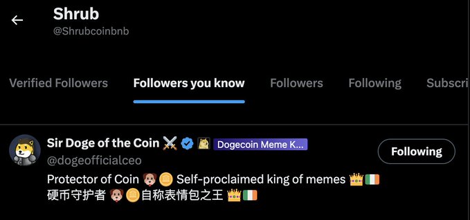 A Twitter/X profile screenshot for Shrub (@Shrubcoinbnb) showing the 'Followers you know' tab, listing 'Sir Doge of the Coin' (@dogeofficialceo) as a verified follower with the bio 'Protector of Coin 🐕 Self-proclaimed king of memes 👑' in both English and Chinese.