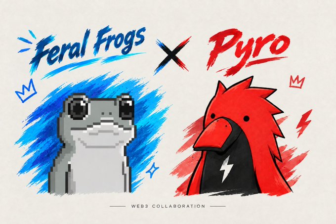 A promotional graphic for a Web3 collaboration between 'Feral Frogs' and 'Pyro,' featuring a pixelated gray frog and a stylized red bird with a lightning bolt design.