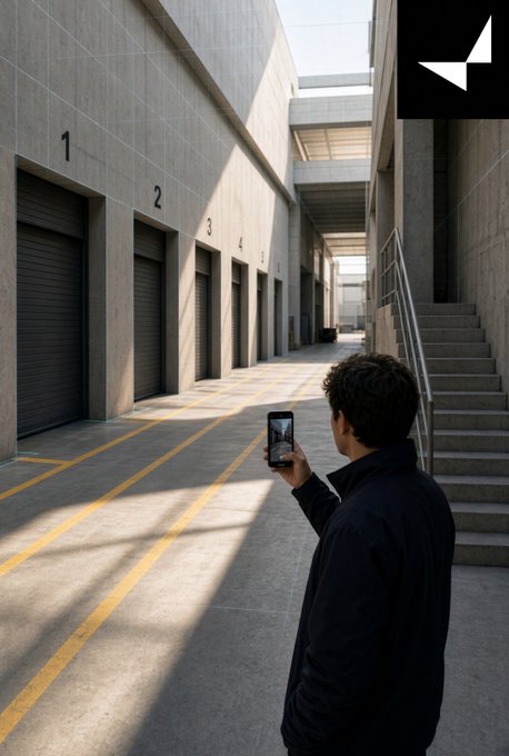 A man in a dark jacket stands in an industrial loading dock area, filming numbered bay doors (1-6) with his phone, illustrating the on-the-ground 3D capture work being rewarded via the Arc board platform.