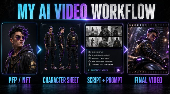 An infographic titled 'MY AI VIDEO WORKFLOW' showing a four-step process from PFP/NFT character to Character Sheet, then Script + Prompt, and finally Final Video.