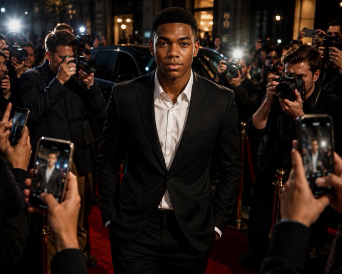 A young man in a black suit and white shirt walks confidently down a red carpet surrounded by photographers holding cameras and smartphones capturing his arrival.