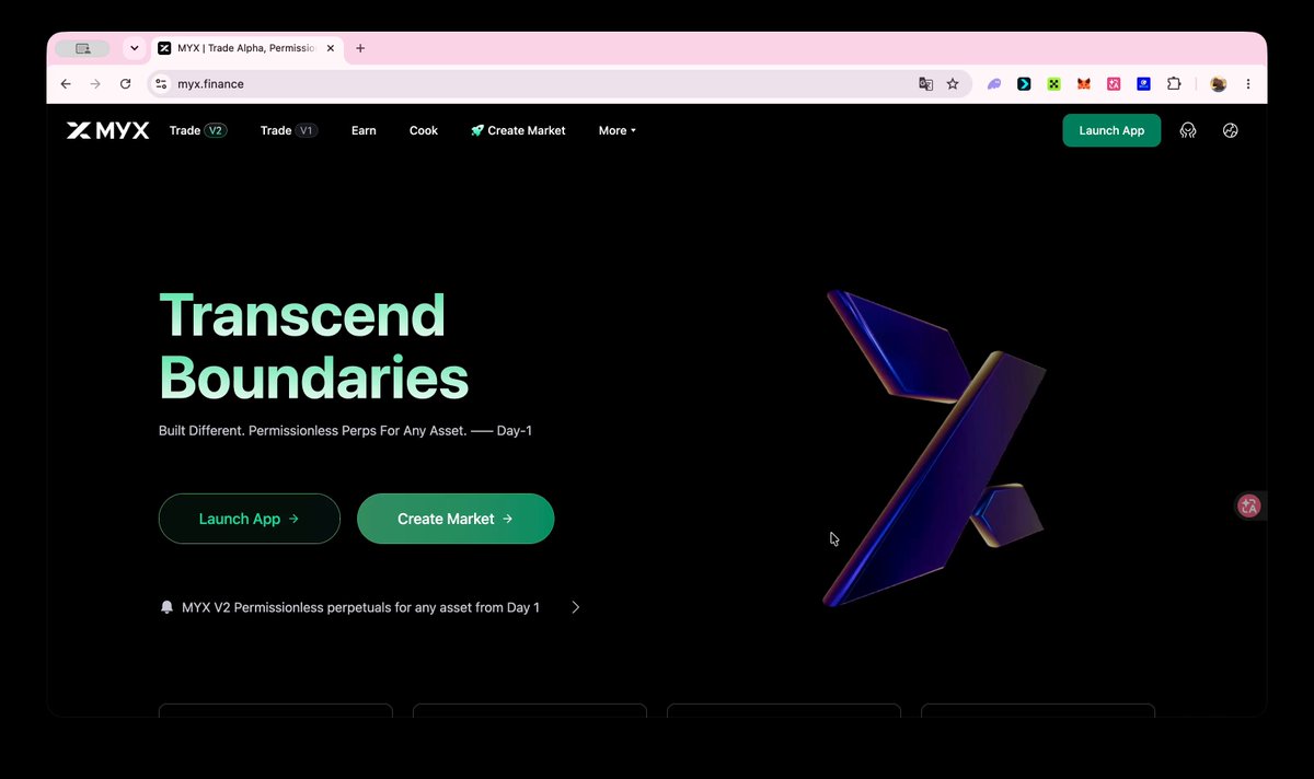 The image shows a computer screen displaying a website called MYX Finance, which has a green and white color scheme. The main focus of the image appears to be the webpage for creating a perpetual futures market. On the screen, there are various buttons and elements related to setting up this type of market or video streaming it on YouTube.