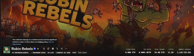 The image showcases the "Robin Rebels" NFT collection on OpenSea, featuring cartoonish goblin-like creatures with red mohawks in a fiery, battle-themed scene. It displays key stats including a floor price of 0.006 ETH, top offer of 0.0062 WETH, and a total volume of 25.60 ETH, with the collection verified by OpenSea as indicated in the accompanying post.