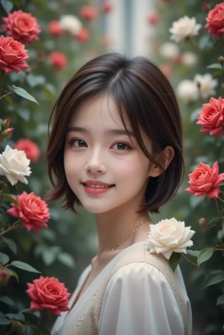 The image features a young woman with short hair wearing a white blouse, standing among red and pink roses. The background of the photo includes a building, which adds context to the scene. The caption provided seems unrelated to the main subject matter but is likely meant to be informative or entertaining.