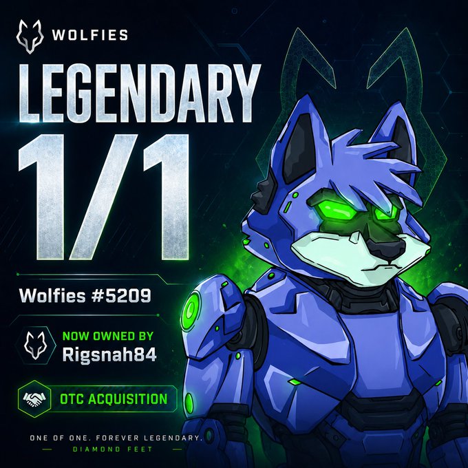 A promotional graphic for 'WOLFIES LEGENDARY 1/1' featuring Wolfies #5209, a blue robotic wolf character with glowing green eyes, now owned by 'Rigsnah84' through OTC acquisition.