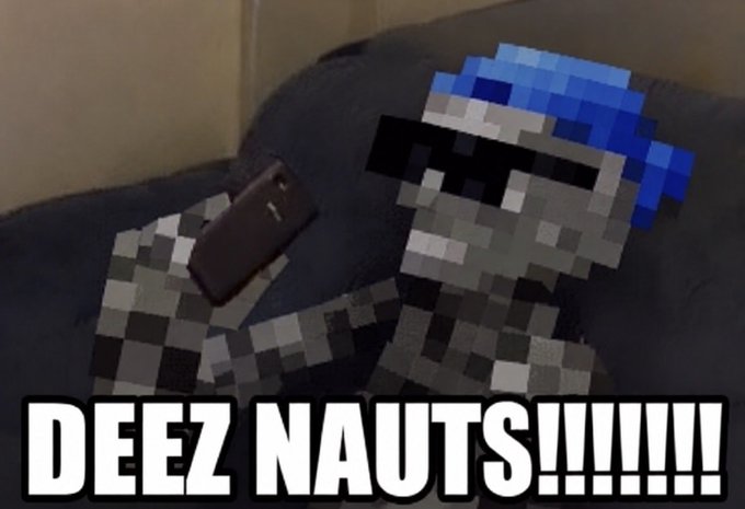 A Minecraft-style meme image showing a pixelated character wearing sunglasses and a blue cap holding a phone, with bold white text reading 'DEEZ NAUTS!!!!!!!!' at the bottom.
