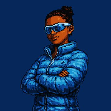 Pixel art of a person wearing a blue puffer jacket and reflective sunglasses with arms crossed against a dark blue background.