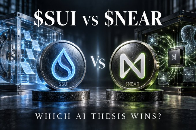 A dramatic comparison graphic reading '$SUI vs $NEAR' with 'WHICH AI THESIS WINS?' at the bottom, featuring two large metallic coin tokens on pedestals.