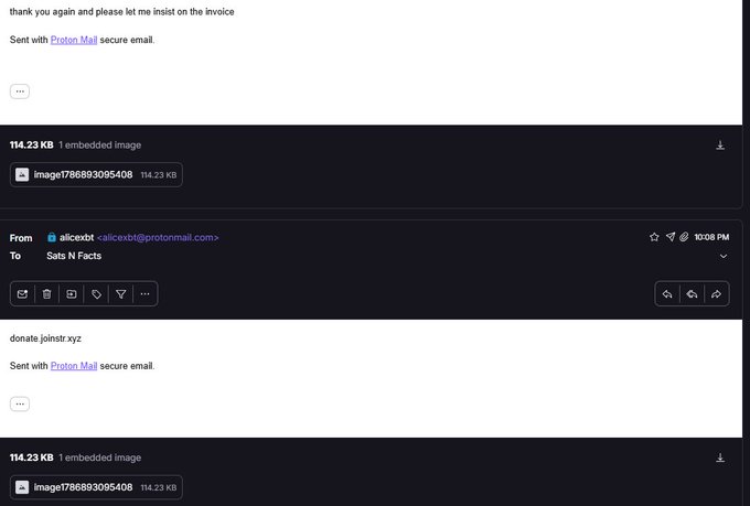 A screenshot of two emails from ProMail sent to "Sats N Facts" from "alicexbt" containing brief messages "thank you again, please let me insist on the invoice" and "donate joinst xyz" with identical embedded images (114.23 KB), illustrating a vulnerability scenario involving Bitcoin-related phishing attempts.