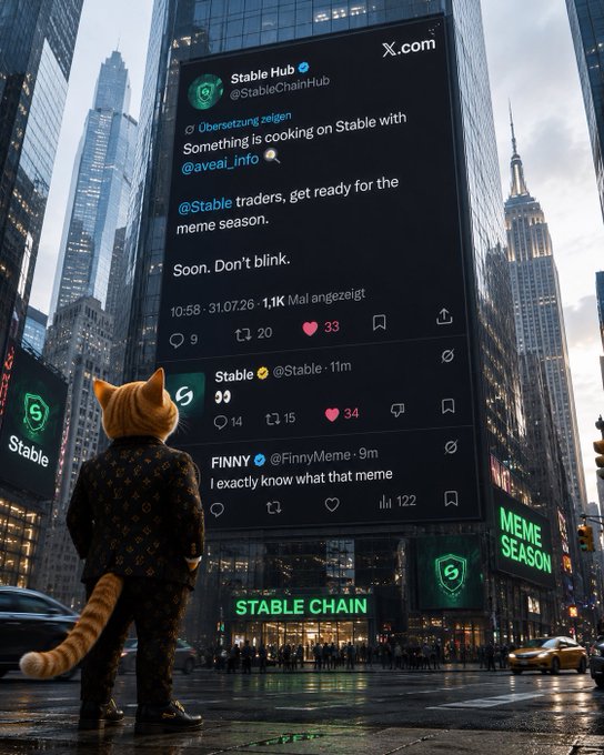 An anthropomorphic orange cat wearing a Louis Vuitton monogram outfit stands on a rainy city street looking up at a massive digital billboard displaying tweets from the "Stable Hub" account, with "MEME SEASON" and "STABLE CHAIN" signs visible.
