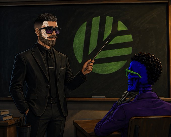 Illustration of a man in a black suit with cybernetic facial features and sunglasses teaching a blue-skinned figure at a chalkboard displaying a green striped logo.