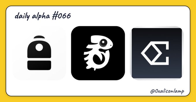 A 'daily alpha #066' graphic by @0xalisonlamp featuring three black square icons: a camera-like symbol, a stylized chameleon/gecko, and a geometric bracket logo.