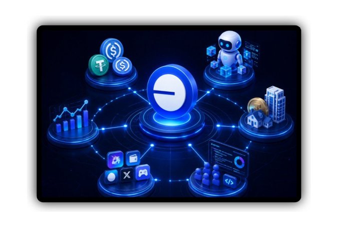 A digital illustration with a blue tech aesthetic showing various connected nodes including cryptocurrency coins (USDT, T), a robot, a house with a Bitcoin, charts, and gaming/tech icons, suggesting a decentralized finance or AI ecosystem.