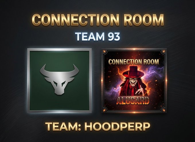 A promotional graphic for "Connection Room Team 93" featuring a green bull logo alongside an "Alucard" character card, with "TEAM: HOODPERP" displayed at the bottom, supporting the post's announcement of HoodPerp as a new decentralized perpetual DEX on Robinhood.