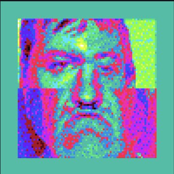 A heavily pixelated, glitch-art style image of a face rendered in bright neon greens, pinks, and blues.