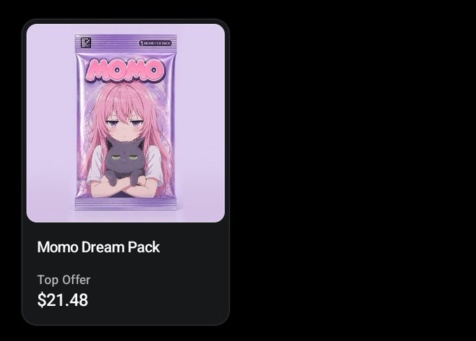 An NFT-style collectible card labeled "Momo Dream Pack" featuring an anime girl with pink hair holding a black cat, with a top offer of $21.48.