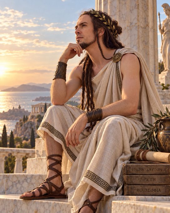 A man with long braided hair, a golden laurel wreath, and a classical white tunic sits thoughtfully on marble steps overlooking a coastal landscape at sunset.