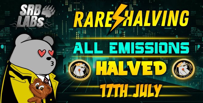 SRB Labs promotional graphic announcing 'Rare Halving - All Emissions Halved' event on 17th July, featuring a bear character in a yellow suit.