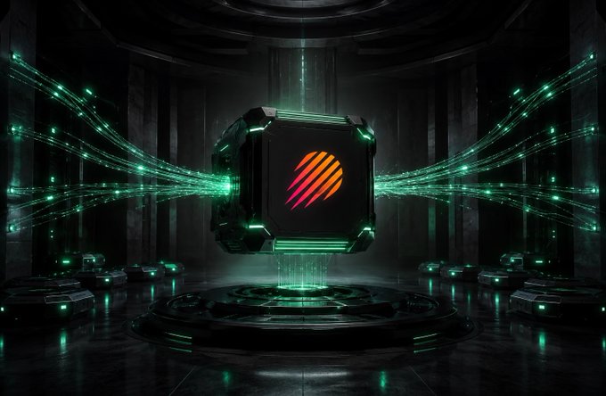 A futuristic black cube featuring a glowing orange and pink striped sphere logo hovers centrally in a dark, high-tech chamber, emitting green digital beams.