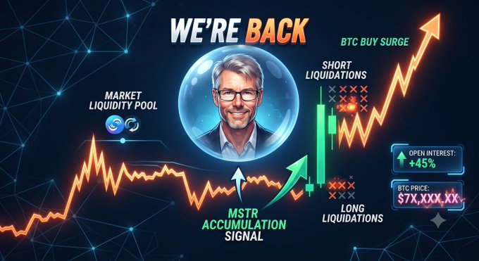 The image shows a stylized graphic with Michael Saylor's face in a glowing blue sphere above an ascending orange chart line, labeled "WE'RE BACK" alongside various crypto market indicators including "BTC BUY SURGE," "MSTR ACCUMULATION SIGNAL," "SHORT LIQUIDATIONS," "LONG LIQUIDATIONS," "OPEN INTEREST: +45%," and "BTC PRICE: $7X,XXX.XX." The accompanying post's Vietnamese text emphasizes that Saylor's "We're Back" message is never mere pleasantry—it typically signals an imminent major Bitcoin capital injection and highlights MSTR's accumulation strategy, which the visual reinforces by pairing his announcement with bullish market momentum, liquidation data, and rising open interest.