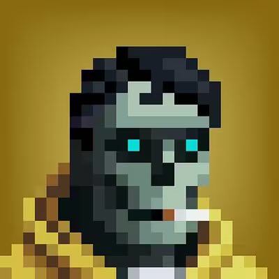 A pixel art style image of a man with a dark beard, glowing blue eyes, and a cigarette in his mouth, set against a yellow background.