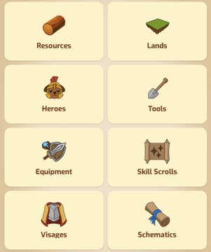 A grid of eight game category icons labeled Resources, Lands, Heroes, Tools, Equipment, Skill Scrolls, Visages, and Schematics is displayed in Light Mode.
