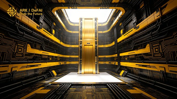 The image shows an elevator with a yellow door, which appears to be the main focus of the photo. The background features black and yellow lines that create a futuristic atmosphere. The caption above the image reads "Infrastructure is not just what users see. It is the layer that makes every action faster, cleaner, and more reliable". This suggests that the elevator's design may incorporate advanced technology to improve user experience and efficiency in the building or facility it serves.