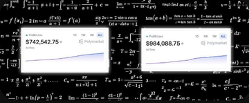 Two side-by-side charts labeled "Polkadot" show values of $742,542.75 and $884,088.75 against a background filled with mathematical equations.