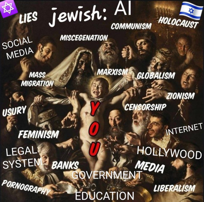 An antisemitic meme features a classical painting overlaid with text claiming Jewish people are responsible for various things including 'COMMUNISM,' 'HOLOCAUST,' 'ZIONISM,' 'HOLLYWOOD,' and 'LIES.'