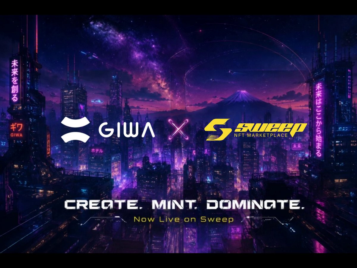 The image features a cityscape at night, with neon lights illuminating the buildings. The text "GIWA" and "Sweep" are visible, suggesting that this scene takes place in a virtual world related to gaming or streaming. The caption reads "Create, mint, dominatee", which implies that the viewer should focus on creating content for Sweep! and Mint Link: sweep.haus/giwa-sepolia.