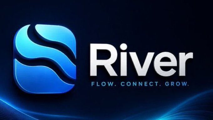 A logo for 'River' with a flowing wave design inside a blue square and the tagline 'FLOW. CONNECT. GROW.' on a dark blue background.