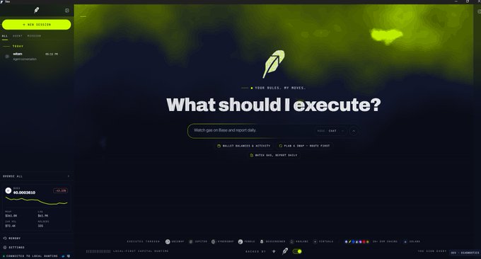 A dark-themed dashboard interface with a green-yellow nebula background features the prompt "What should I execute?" alongside a search bar and quick-action options like "BILLY/BALANCE & ACTIVITY," "PLAN A TRIP," "BEST PICKS," and "BITCOIN HAL, MARKET BRIEF." The left sidebar displays a portfolio showing "30.00026330" with a -1.3% indicator, while the bottom mentions "ROBINHOOD CHAIN" — matching the post's description of VEX's Robinhood edition visual mode with a trading-style agent interface.