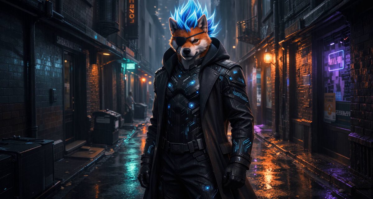 The image features a man dressed as a dog with blue hair standing in front of a brick building at night. The surrounding area appears to be a city street, with neon lights illuminating the scene. There are also several other people visible in the background, possibly pedestrians or passersby. The image is accompanied by a caption that reads "Focus on what is in the image and how it relates to the post", indicating that this image has been shared or reposted elsewhere.