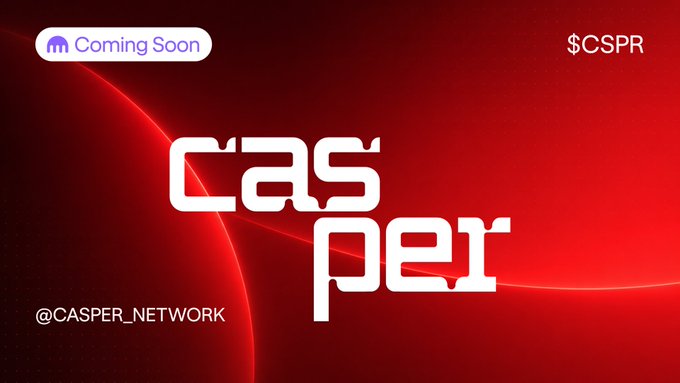 A promotional graphic with a red background announcing the upcoming listing of $CSPR (Casper Network), featuring the stylized "CASPER" logo, a "Coming Soon" badge, the ticker "$CSPR," and the handle "@CASPER_NETWORK," aligning with the post teasing the token's launch on Kraken.