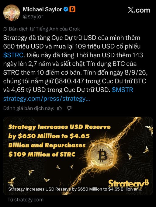 A translated tweet from Michael Saylor (@saylor) announces Strategy increasing USD reserves by $650M and repurchasing $109M of $STRC, noting $840,447 BTC and $4.65B USD reserves.