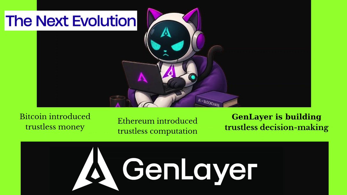 The image features a cartoon cat wearing a robot suit, sitting at a laptop with a green background. Below the cat, there's text that reads "The Next Evolution" followed by an explanation of Bitcoin introducing trustless money and Ethereum enabling trustless computation. The caption below the image states "Focus on what is in the image and how it relates to the post".