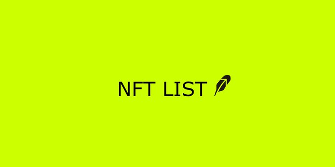 A vibrant green graphic displaying "NFT LIST 🪶" in black text, serving as a header image for a tiered ranking of upcoming NFT projects on Robinhood, categorized from S to B tier.