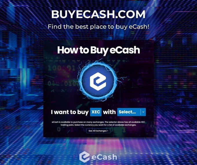 The image is a promotional graphic for BUYECASH.COM with the tagline "Find the best place to buy eCash!" featuring a "How to Buy eCash" panel with the eCash (XEC) logo and an option to select exchanges for purchasing the cryptocurrency. This relates to the post's discussion of eCash ($XEC) as an L1 token with favorable supply dynamics lacking major insider or VC unlocks, positioning it as an attractive alternative investment.