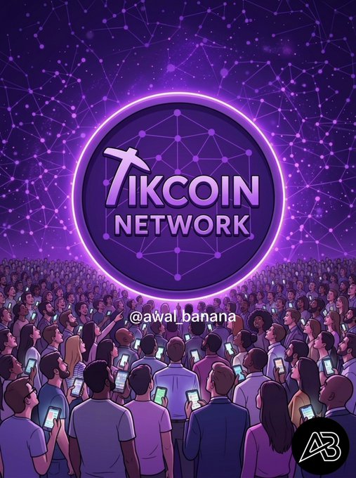 A purple digital illustration shows a crowd of people holding up phones, with a glowing 'PIKCOIN NETWORK' logo above them and the handle '@awal.banana' displayed.