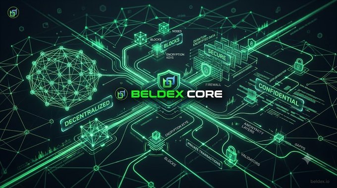 A futuristic digital graphic featuring green neon lines, blockchain nodes, and security icons surrounding the 'BELDEX CORE' logo, with labels like 'DECENTRALIZED', 'SECURE', 'CONFIDENTIAL', 'FIREWALL', and 'beldex.io'.