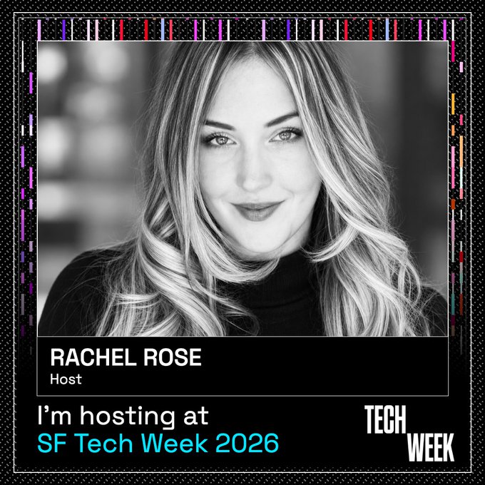 A promotional graphic featuring a black-and-white photo of Rachel Rose, identified as a Host, with text stating 'I'm hosting at SF Tech Week 2026' alongside a TECH WEEK logo.