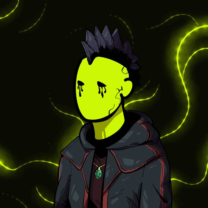 A digital illustration depicts a character with spiky dark hair and a glowing yellow-green face with cracked features, wearing a dark jacket and a green pendant necklace against a dark background with wavy yellow-green lines.