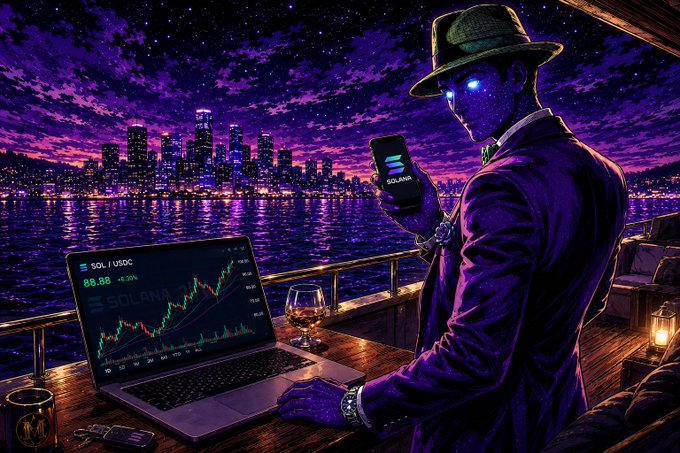 The image features a man wearing a hat, standing at a table with an open laptop computer. He is also holding a cell phone, possibly checking it or using it for some task related to Solana cryptocurrency. The backdrop of this scene includes a city skyline under the night sky and the ocean in the distance, providing an urban setting for the man's work. 
The post refers to Solana as a " crypto geek" who is active with solar coins, implying that the man might be researching or investing in this particular cryptocurrency or its related projects.