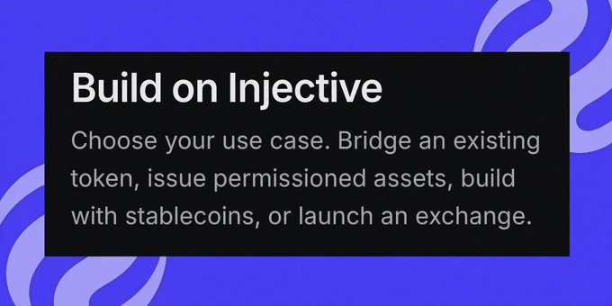 A graphic with a purple background featuring decorative swirls displays the text 'Build on Injective' followed by 'Choose your use case. Bridge an existing token, issue permissioned assets, build with stablecoins, or launch an exchange.'