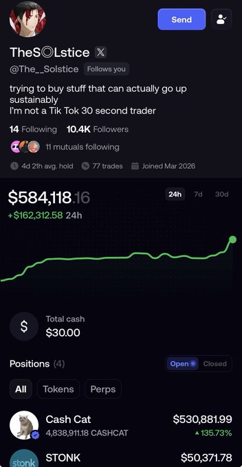 A Twitter/X profile screenshot showing @The__Solstice with a portfolio valued at $584,118 (up $162,312.58 in 24h), driven primarily by a $530,881.99 position in Cash Cat ($CASHCAT) — a 135.73% gain — alongside the bio declaring "trying to buy stuff that can actually go up sustainably, I'm not a Tik Tok 30 second trader."