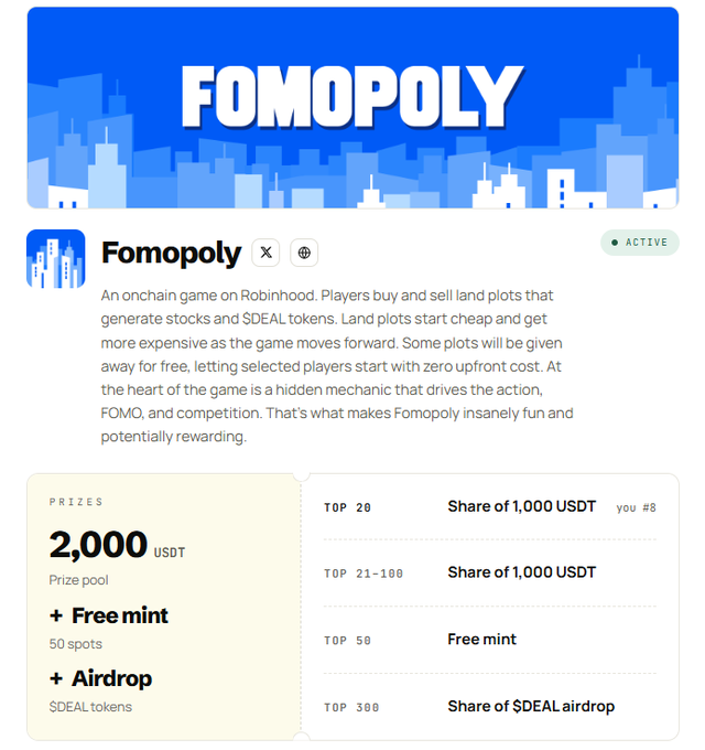 A crypto-game webpage for “FOMOPOLY,” described as an onchain Roblox game, with a “2,000 USDT” prize pool, free-mint spots, and an airdrop.