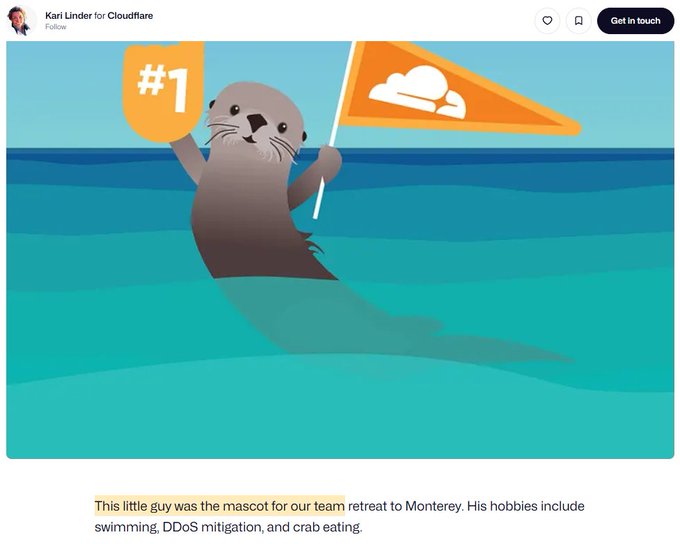 A Cloudflare blog post by Kari Linder featuring an illustration of a sea otter mascot holding a '#1' foam finger and a Cloudflare pennant, with text reading 'This little guy was the mascot for our team retreat to Monterey. His hobbies include swimming, DDoS mitigation, and crab eating.'