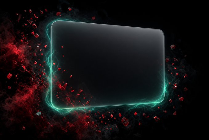 A blank black rectangular frame surrounded by glowing teal energy lines and floating red geometric shards against a dark background.