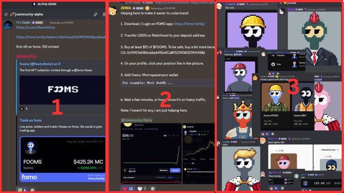 A collage of three screenshots showing Discord posts from "ALPHA GEMS" with a community-alpha channel, instructions for getting on a "fomo" whitelist, and photos of various NFT profile pictures, illustrating the step-by-step process of obtaining a free FOOMS NFT mint as described in the caption.