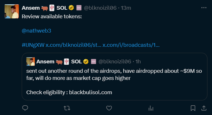 A tweet by Ansem (@blknoizil06) reviewing available tokens and referencing @nathweb3, discussing ~$9M in airdrops sent out for a token, with an eligibility link to blackbulisol.com.